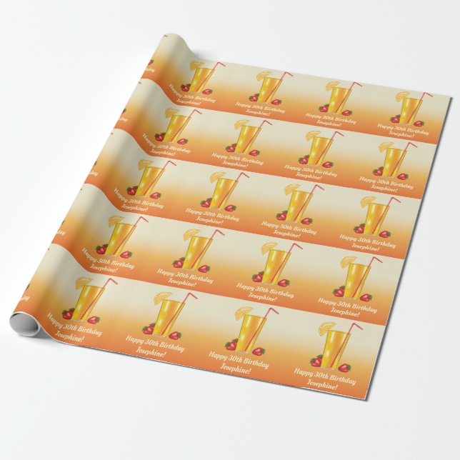 Papel De Regalo Naranja Bebida Tropical Y Fresas Cumpleaños (Desenrollado)