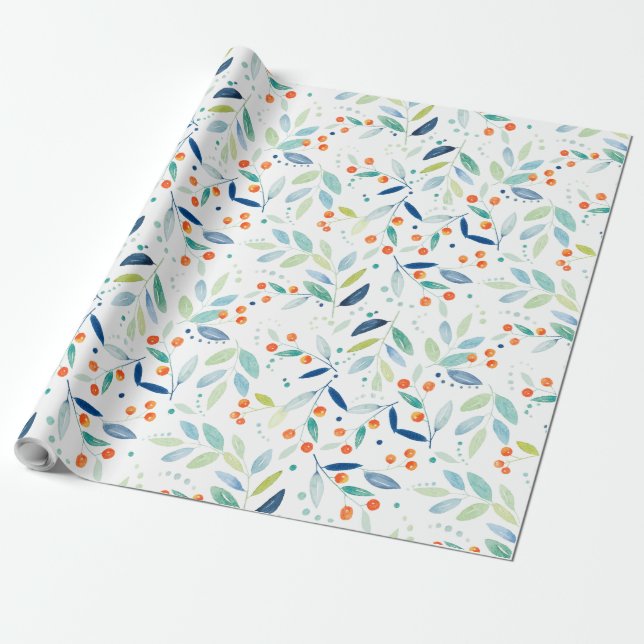Papel De Regalo Naranja Berries & Leafs acuarelas Illustratione (Desenrollado)