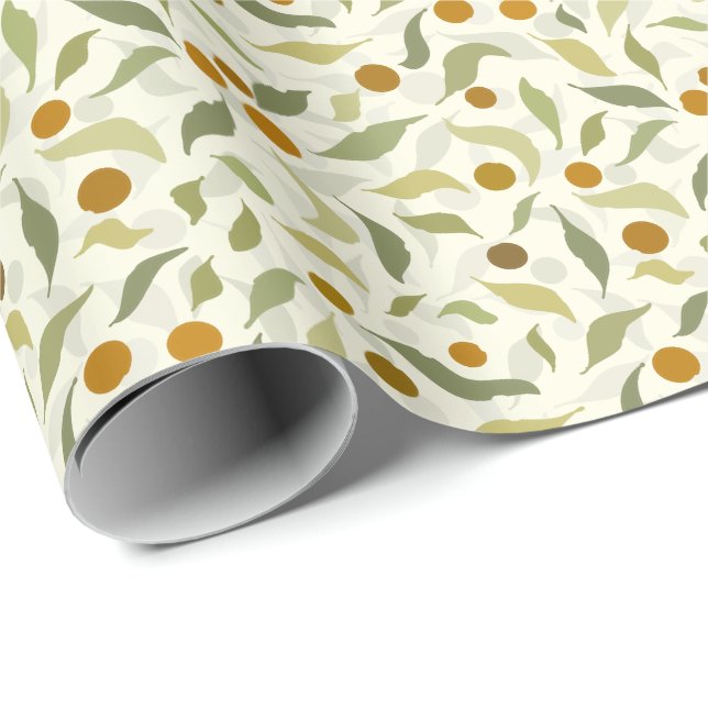 Papel De Regalo Naranja Berries y hojas en crema - patrón. (Esquina del rollo)