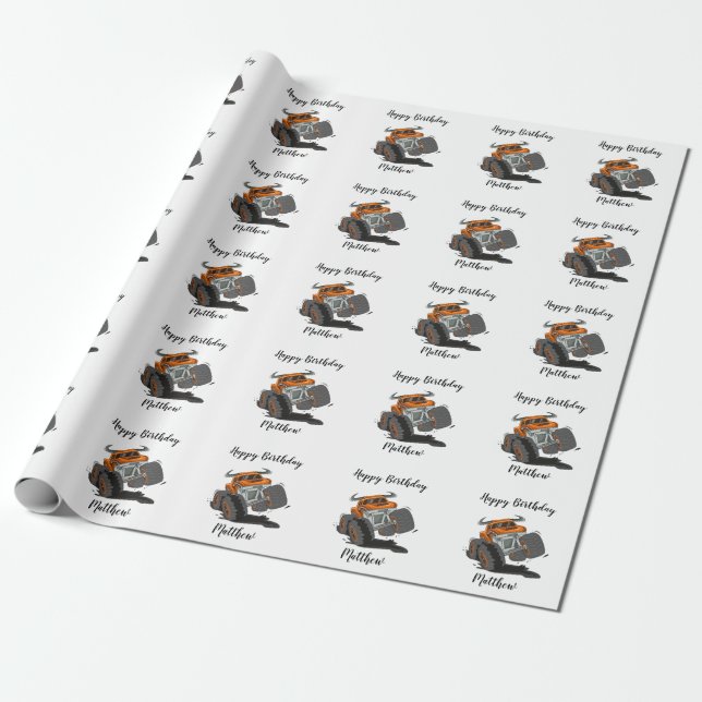 Papel De Regalo Naranja Black Boys Monster Truck Nombre cumpleaños (Desenrollado)