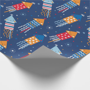 Papel De Regalo Naranja blanco azul rojo de los fuegos artificiale