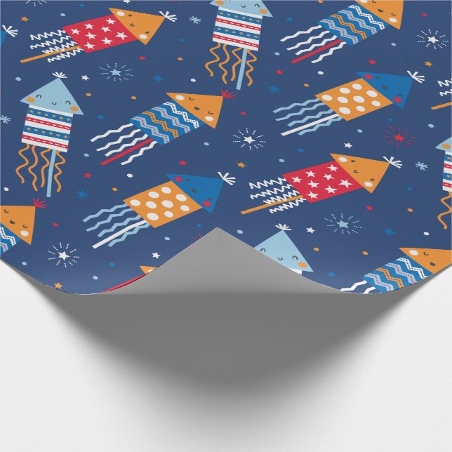 Papel De Regalo Naranja blanco azul rojo de los fuegos artificiale (Esquina)