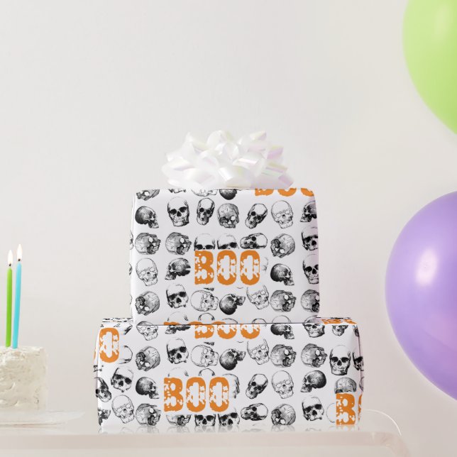 Papel De Regalo Naranja Boo Halloween Spooky Skull Pattern (Regalos de fiesta)