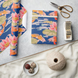 Papel De Regalo Naranja brillante Koi Fish Flor rosa Azul oscuro