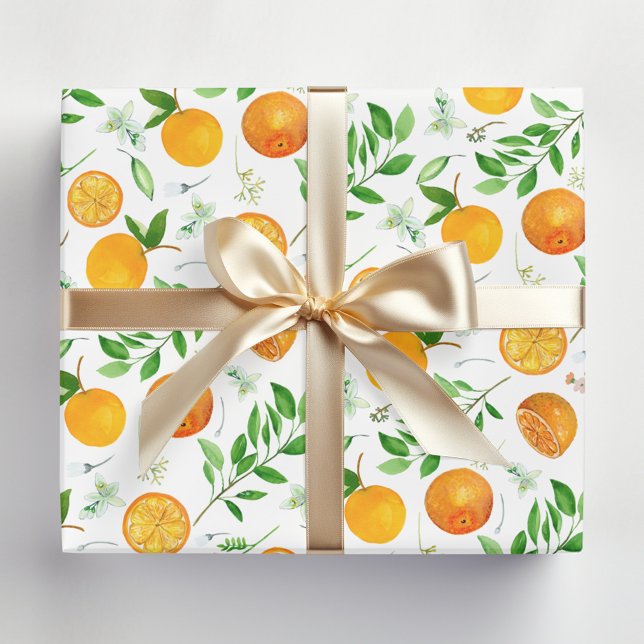 Papel De Regalo Naranja Citrus Summer Floral Patrón Botánico (In situ)