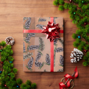 Papel De Regalo naranja con especias y conos de pino