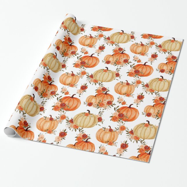 Papel De Regalo Naranja de calabaza acuática Rosas florales (Desenrollado)