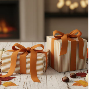 Papel De Regalo Naranja de calabaza y patrón de franjas blancas