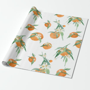 Papel De Regalo Naranja de cítricos y oliga floral de color blanc