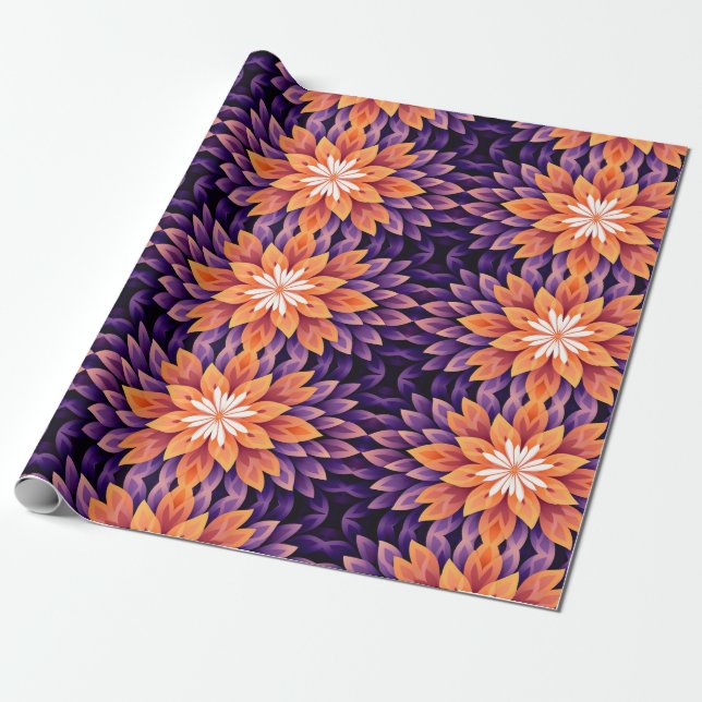 Papel De Regalo Naranja de flores morado y blanco (Desenrollado)