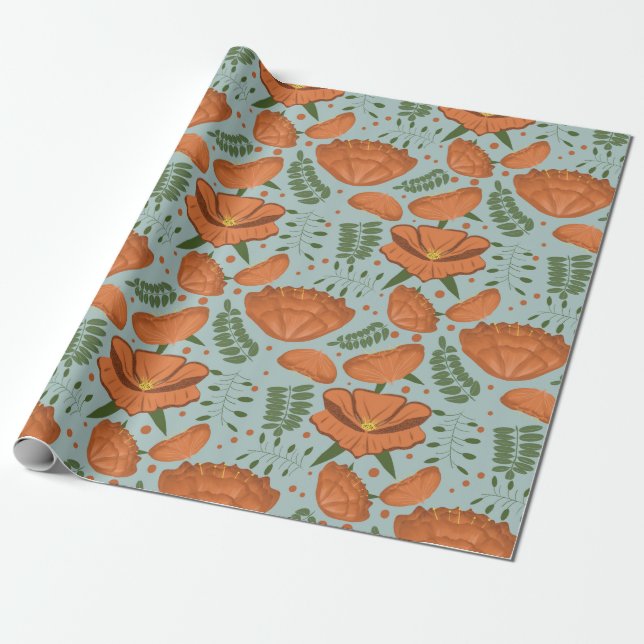 Papel De Regalo Naranja de flores silvestres Poppy (Desenrollado)