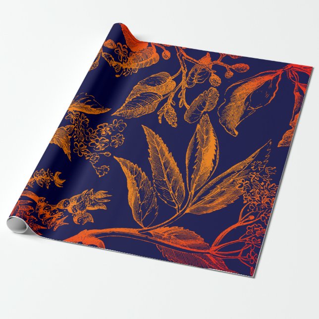 Papel De Regalo Naranja de la Marina Moderna deja flores (Desenrollado)
