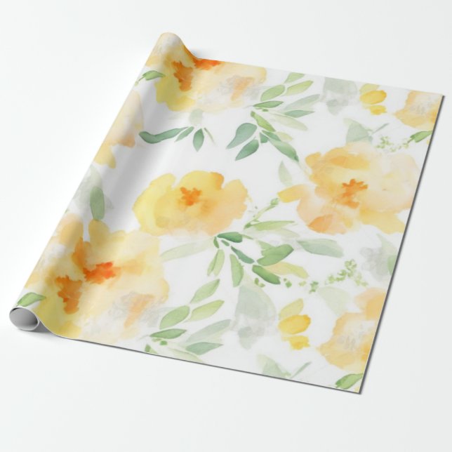 Papel De Regalo Naranja de melocotón amarillo elegante acuarela fl (Desenrollado)