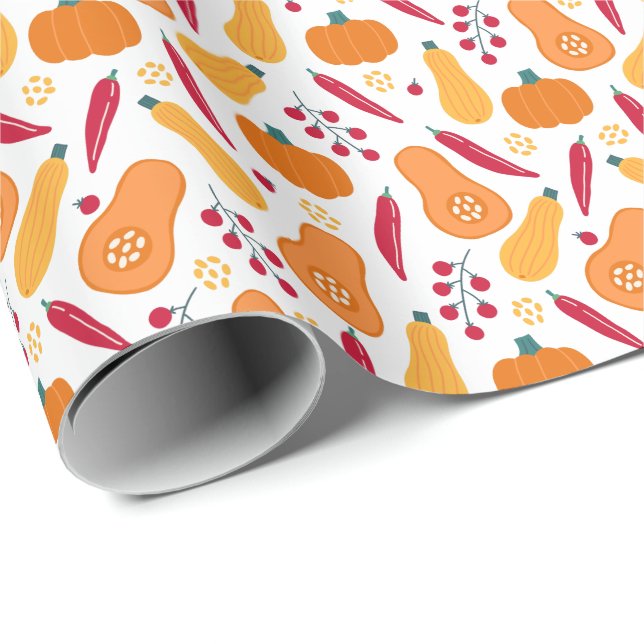 Papel De Regalo Naranja de patrón de cosecha de verduras y rojo (Esquina del rollo)
