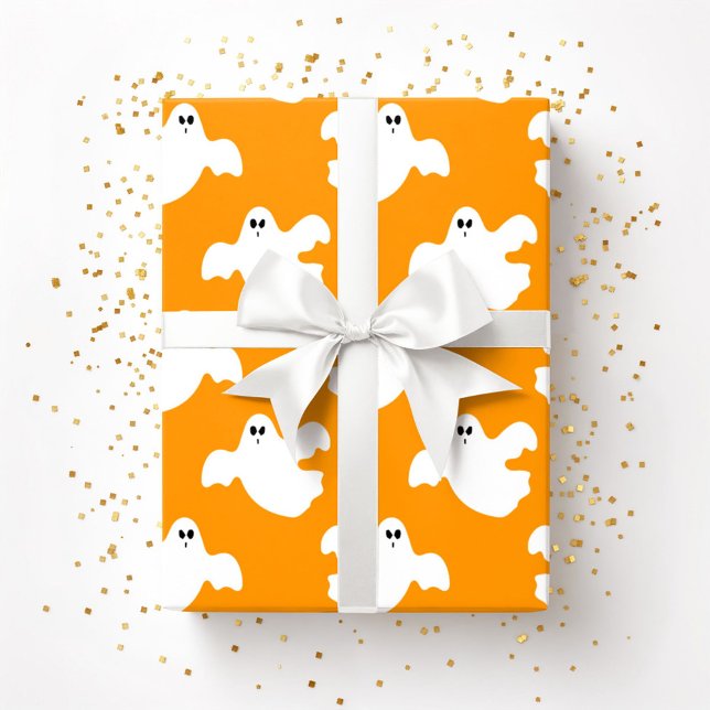 Papel De Regalo Naranja de Patrulla Fantasma Cute Halloween (Cute Halloween Ghost Patter Orange Wrapping Paper)