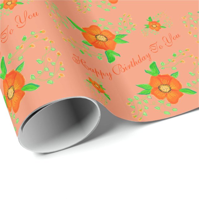 Papel De Regalo Naranja Designer Floral Birthday Gift Wrap (Esquina del rollo)