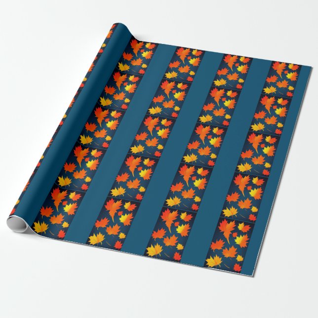 Papel De Regalo Naranja dorado otoño deja fondo azul marino (Desenrollado)
