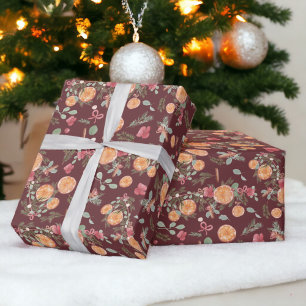 Papel De Regalo Naranja festivo Pino floral acuarela de vacaciones