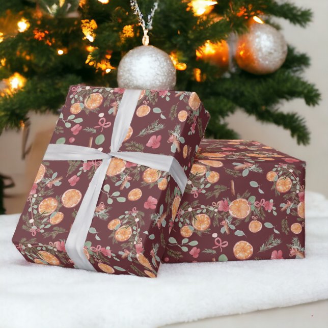 Papel De Regalo Naranja festivo Pino floral acuarela de vacaciones (Festive Orange Pine floral Watercolor Holiday red Wrapping Paper)