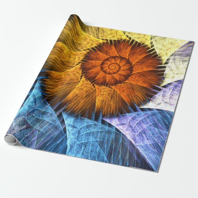 Papel De Regalo Naranja floral Azul amarillo abstracto arte (Desenrollado)