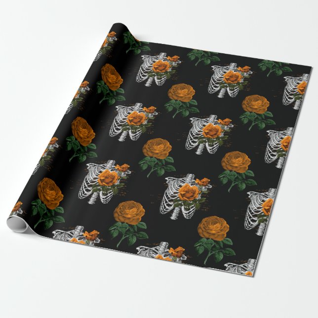 Papel De Regalo Naranja Floral Skeleton Torsos sobre negro (Desenrollado)
