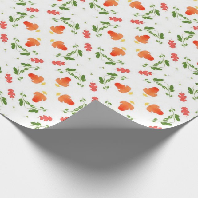 Papel De Regalo Naranja flores patrón de hojas verdes (Esquina)