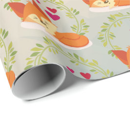 Papel De Regalo Naranja Fox con corazones rojos y una corona verde