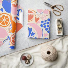 Papel De Regalo Naranja Frutas Azules Vegetales