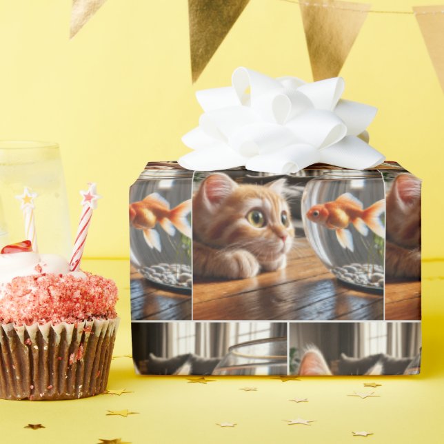 Papel De Regalo Naranja Kitten mirando un pez dorado (Fiesta de cumpleaños )