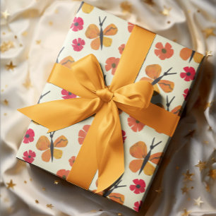 Papel De Regalo Naranja mariposa mosca Rojo Cute de amapola retro