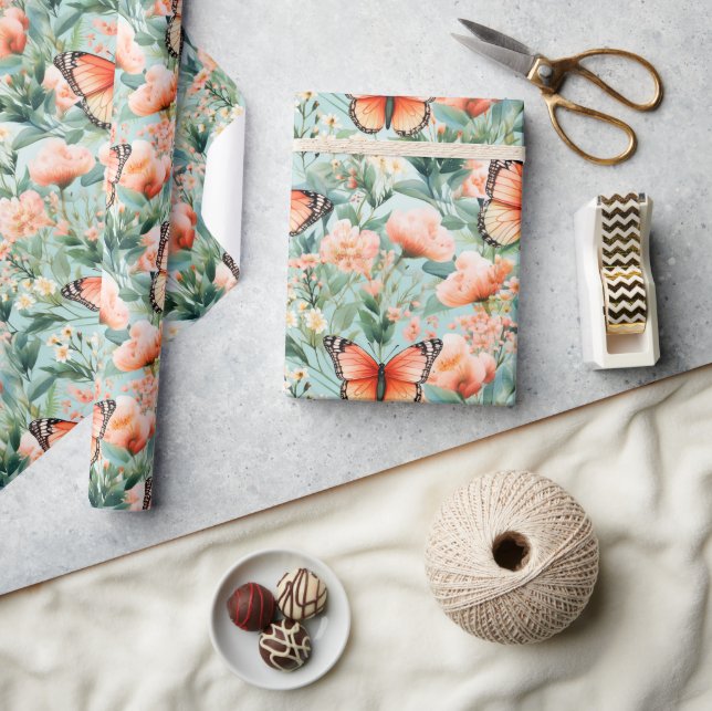 Papel De Regalo Naranja Mariposa Naranja Floral Verde (Artesanía)