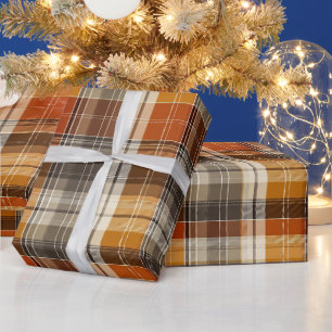 Papel De Regalo Naranja Marrón Cálido Cuadrícula de Otoño Estilo C