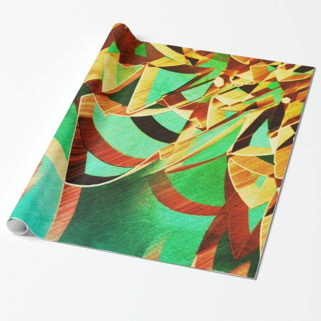 Papel De Regalo Naranja marrón rayas sobre fondo rústico verde (Desenrollado)