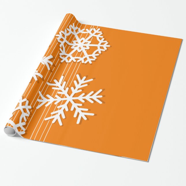 Papel De Regalo Naranja moderno y Navidades blancos copos de nieve (Desenrollado)