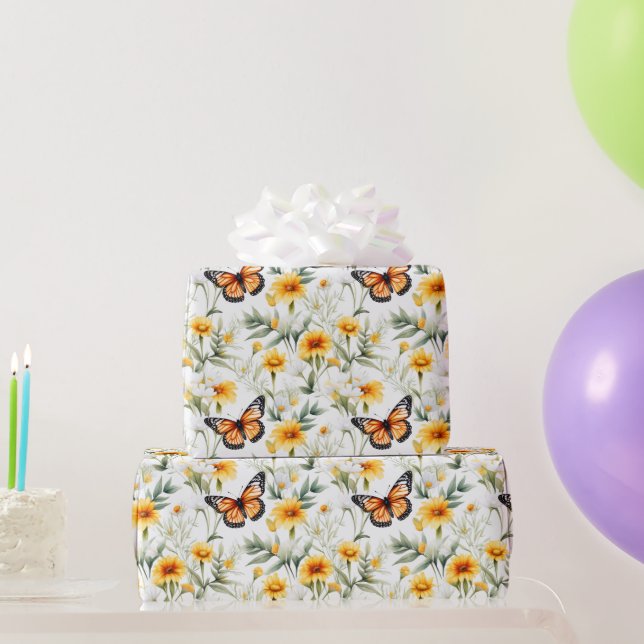 Papel De Regalo Naranja Monarch Mariposa Flora Verde Amarilla (Regalos de fiesta)