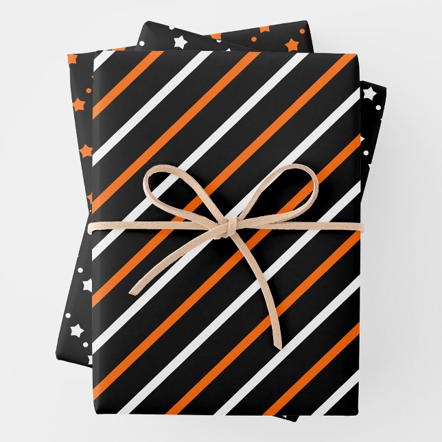 Papel de regalo naranja, negro y blanco (Orange, Black & White Multi-Pattern Wrapping Paper Sheets)