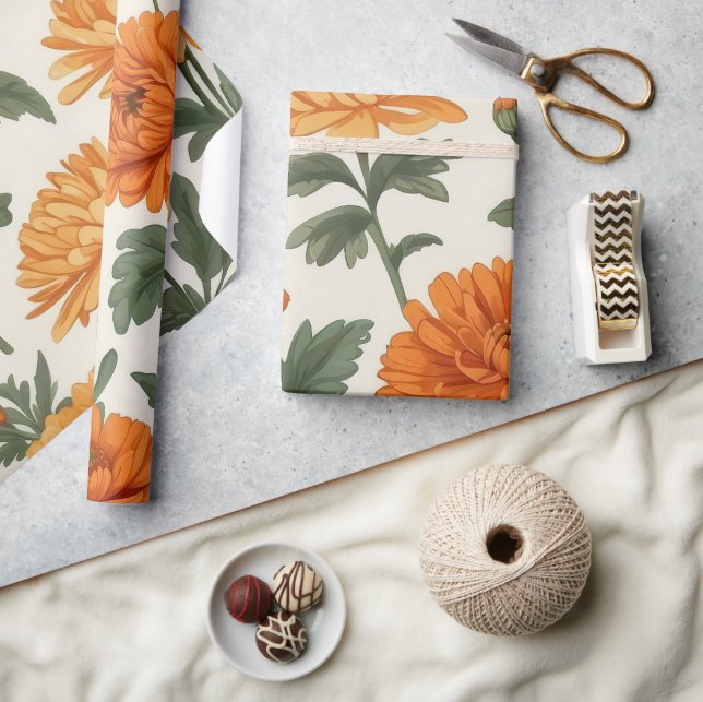 Papel De Regalo Naranja Oro Otoño Marigolds Foliage Pattern (Artesanía)