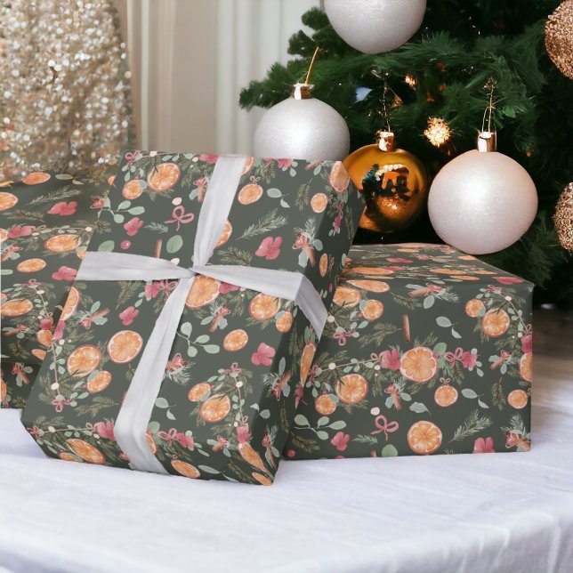 Papel De Regalo Naranja Pino floral acuarela de vacaciones verde (Orange Pine floral Watercolor Holiday green Wrapping Paper)