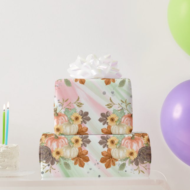 Papel De Regalo Naranja Purpurinoso calabazas sobre Purpurina rosa (Regalos de fiesta)
