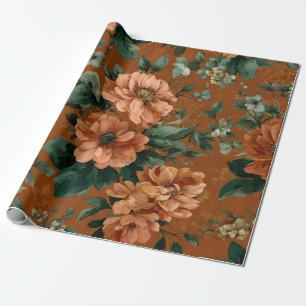 Papel De Regalo Naranja Quemado Rústico Verde Botánico Floral Auda