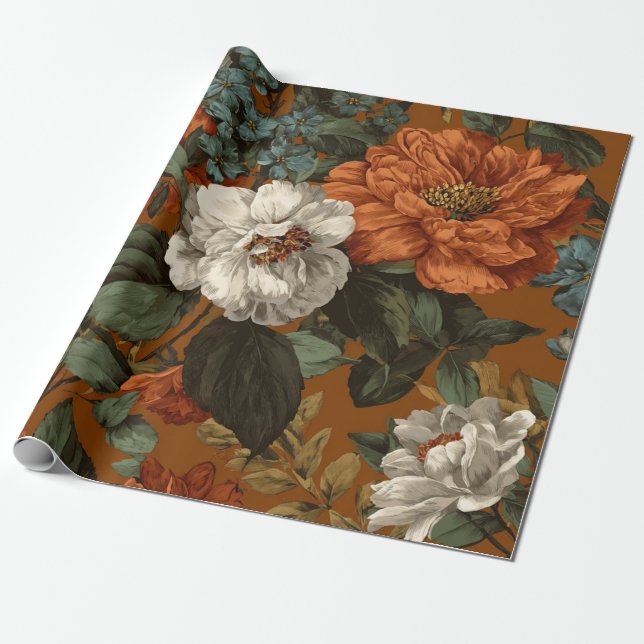 Papel De Regalo Naranja Quemado Rústico Verde Floral Botánico Auda (Desenrollado)
