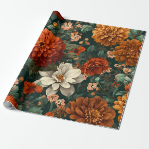 Papel De Regalo Naranja Quemado Rústico Verde Floral Botánico Auda