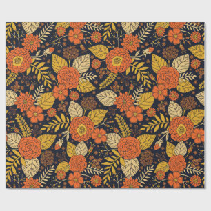 Papel De Regalo Naranja retro, floral amarilla y marina