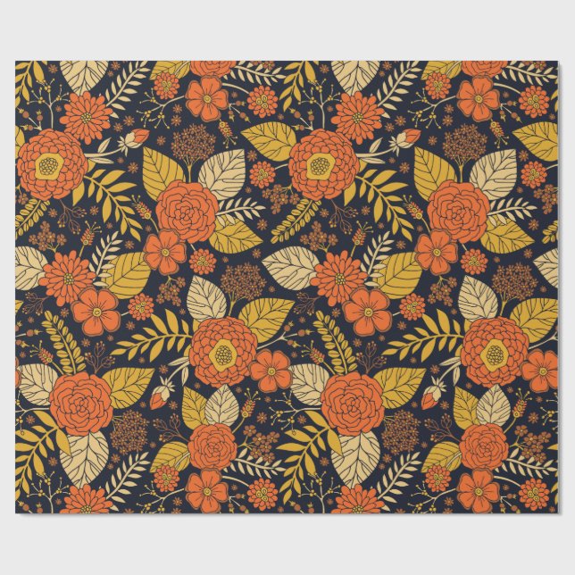 Papel De Regalo Naranja retro, floral amarilla y marina  (Superficie plana)