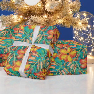 Papel De Regalo Naranja retro y florines amarillos