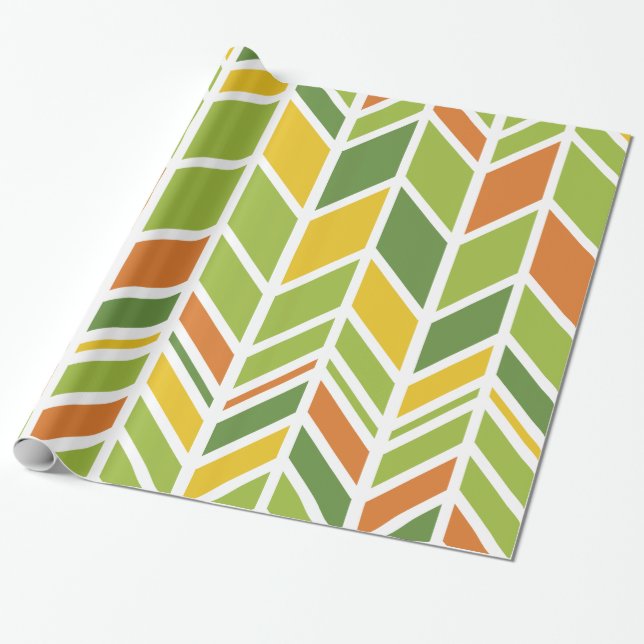 Papel De Regalo Naranja Retro Zig-Zag y Chevron Verde (Desenrollado)