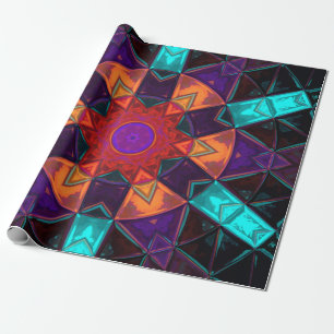 Papel De Regalo Naranja Rojo de Flor Mosaica Kaleidoscope y Azul