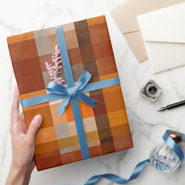 Papel De Regalo Naranja Rústico Marrón Óxido Plaid Patrón de Arcil (Regalar)