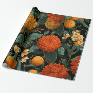 Papel De Regalo Naranja Rústico Verde Botánico Floral Vintage Negr