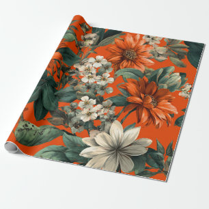 Papel De Regalo Naranja Rústico Verde Botánico Floral Vintage Negr